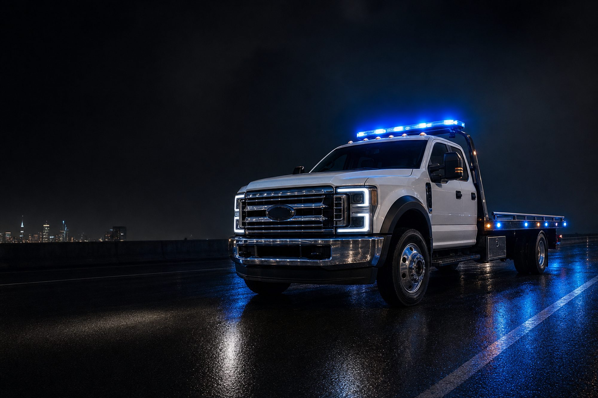 Flatbed tow truck with blue emergency lights on a wet highway at night