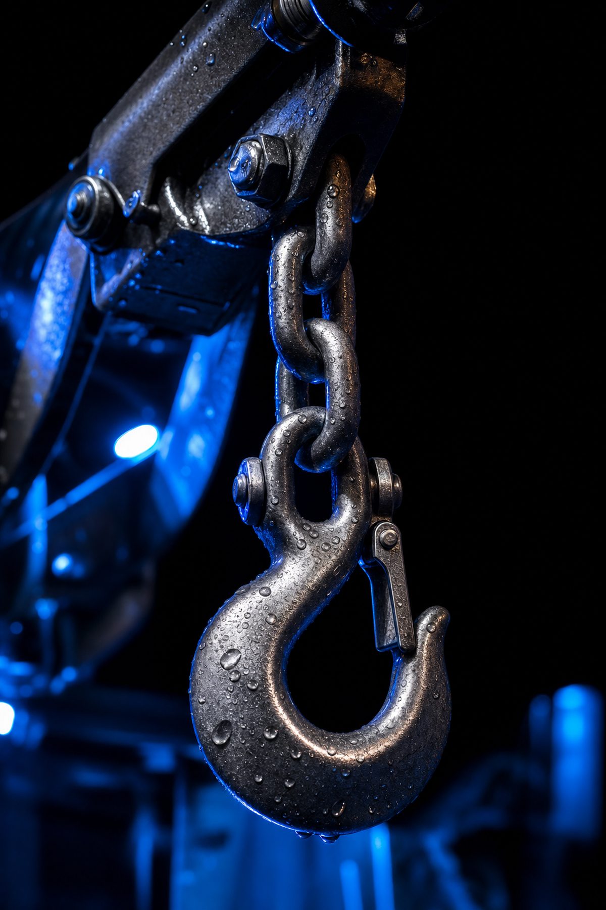 Heavy steel tow hook and chain lit in blue
